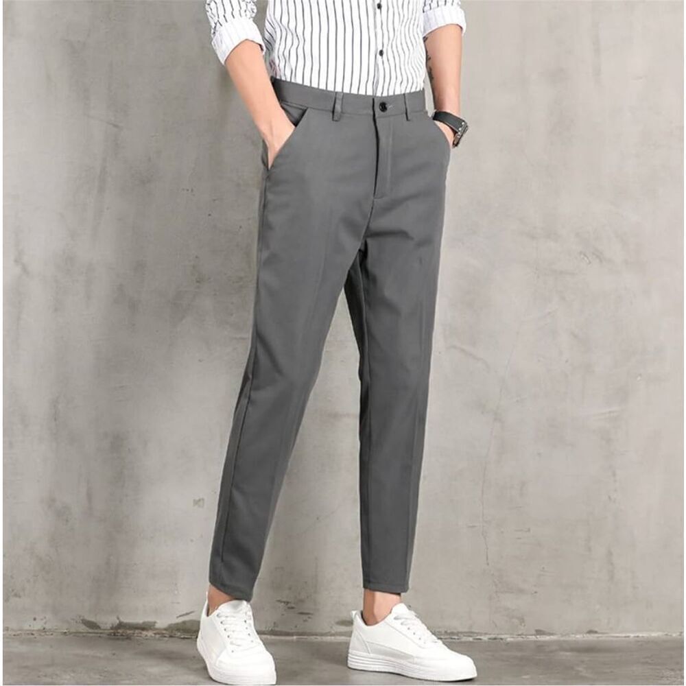 Amazon Essentials Men’s Grey Flat Front Straight Leg Casual Trousers Pants 42x30